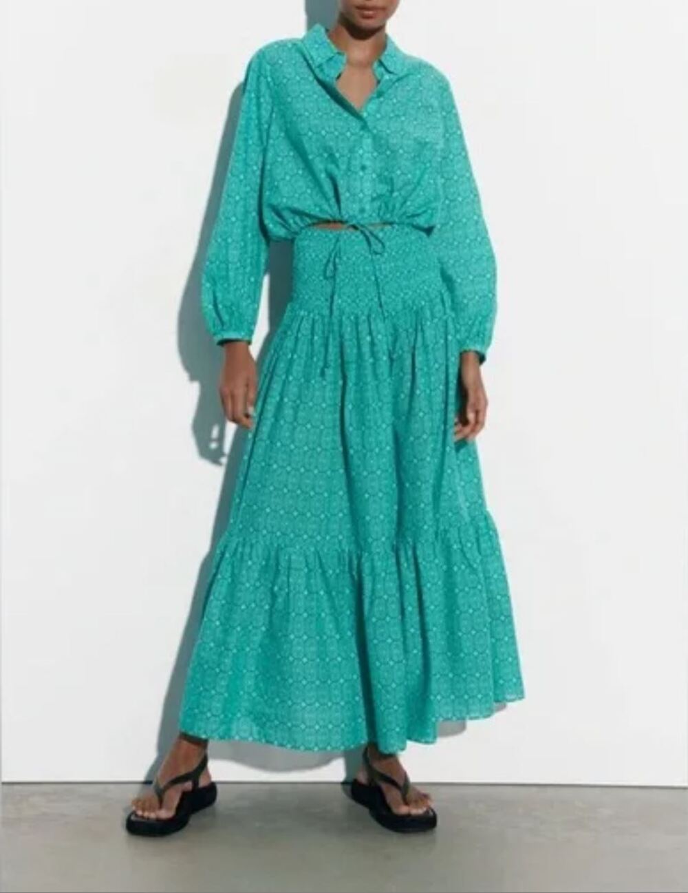 Zara Matching Set Maxi Skirt Crop Blouse XS Blue Green Print Dress 100% Cotton